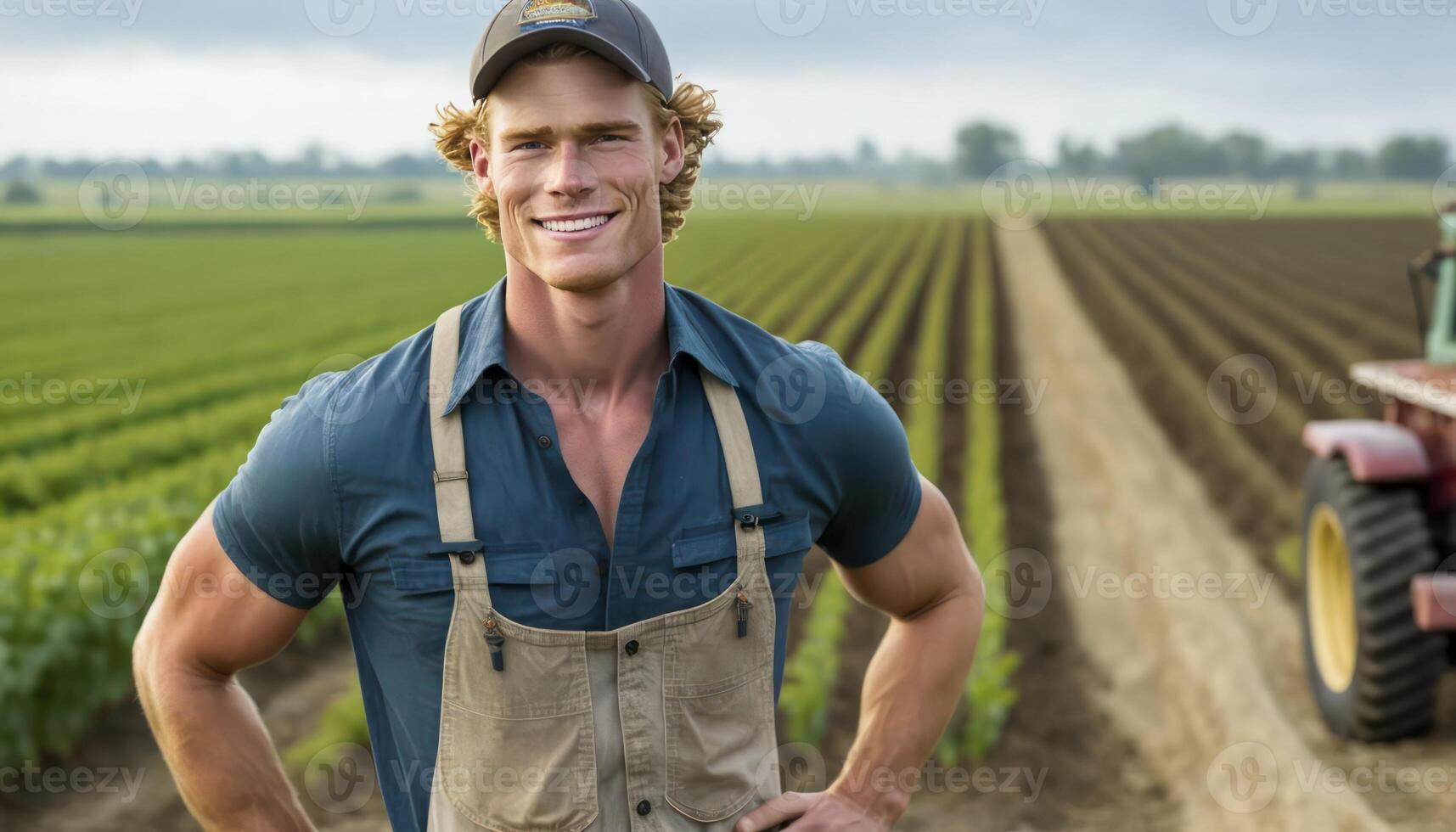 un' bellissimo sorridente giovane maschio contadino nel davanti di un' azienda agricola sfondo ai generato foto