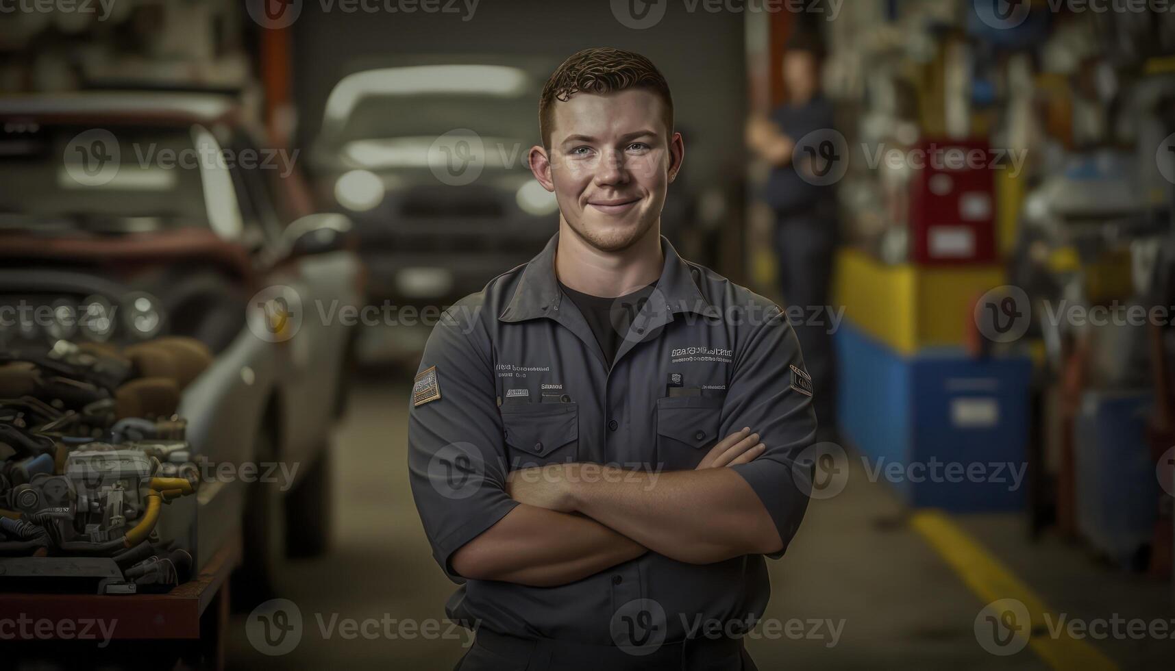 un' bellissimo sorridente giovane maschio meccanico nel davanti di un auto riparazione negozio sfondo ai generato foto