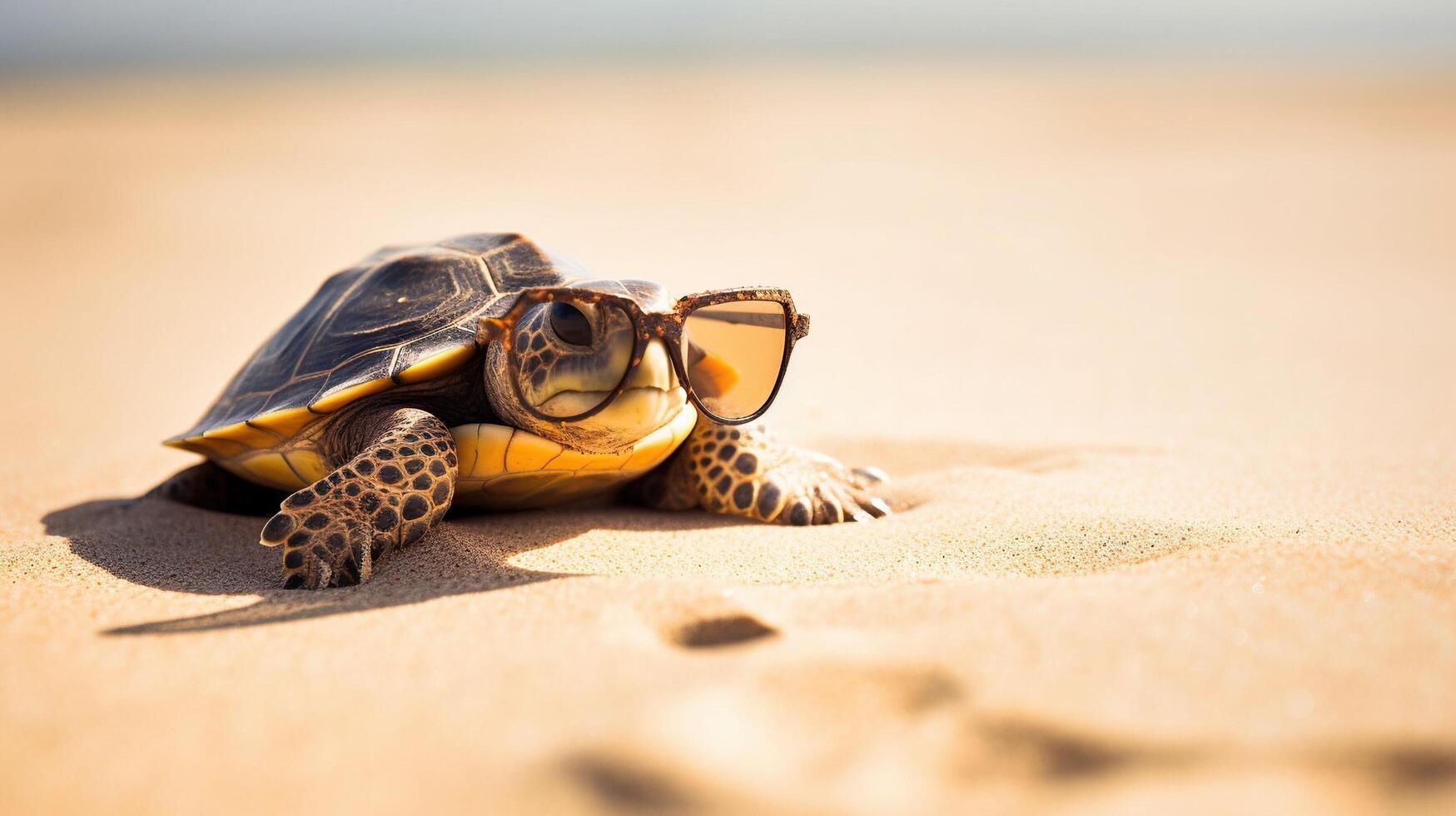 tartaruga su il spiaggia con occhiali da sole ai generato foto