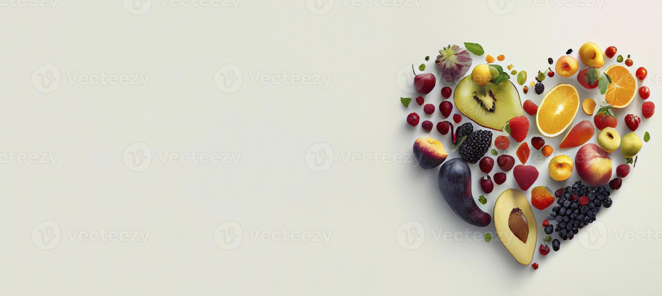 frutta e verdura si riunirono rendere un' forma di cuore ai generato foto