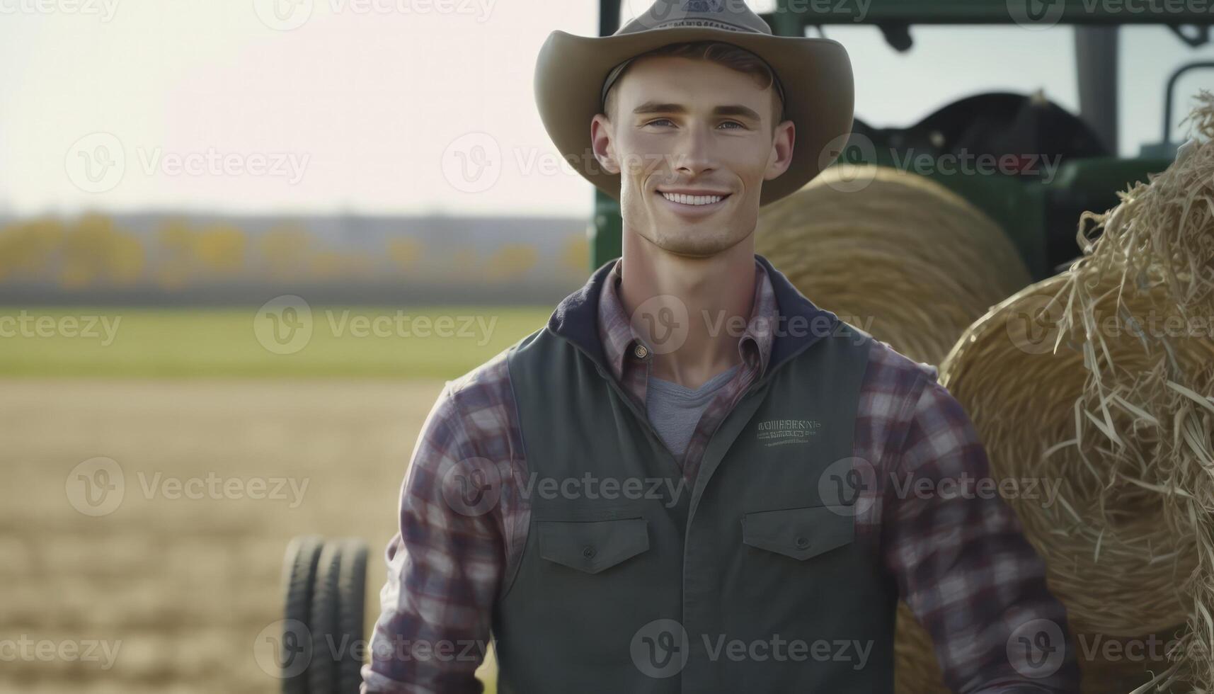 un' bellissimo sorridente giovane maschio contadino nel davanti di un' azienda agricola sfondo ai generato foto