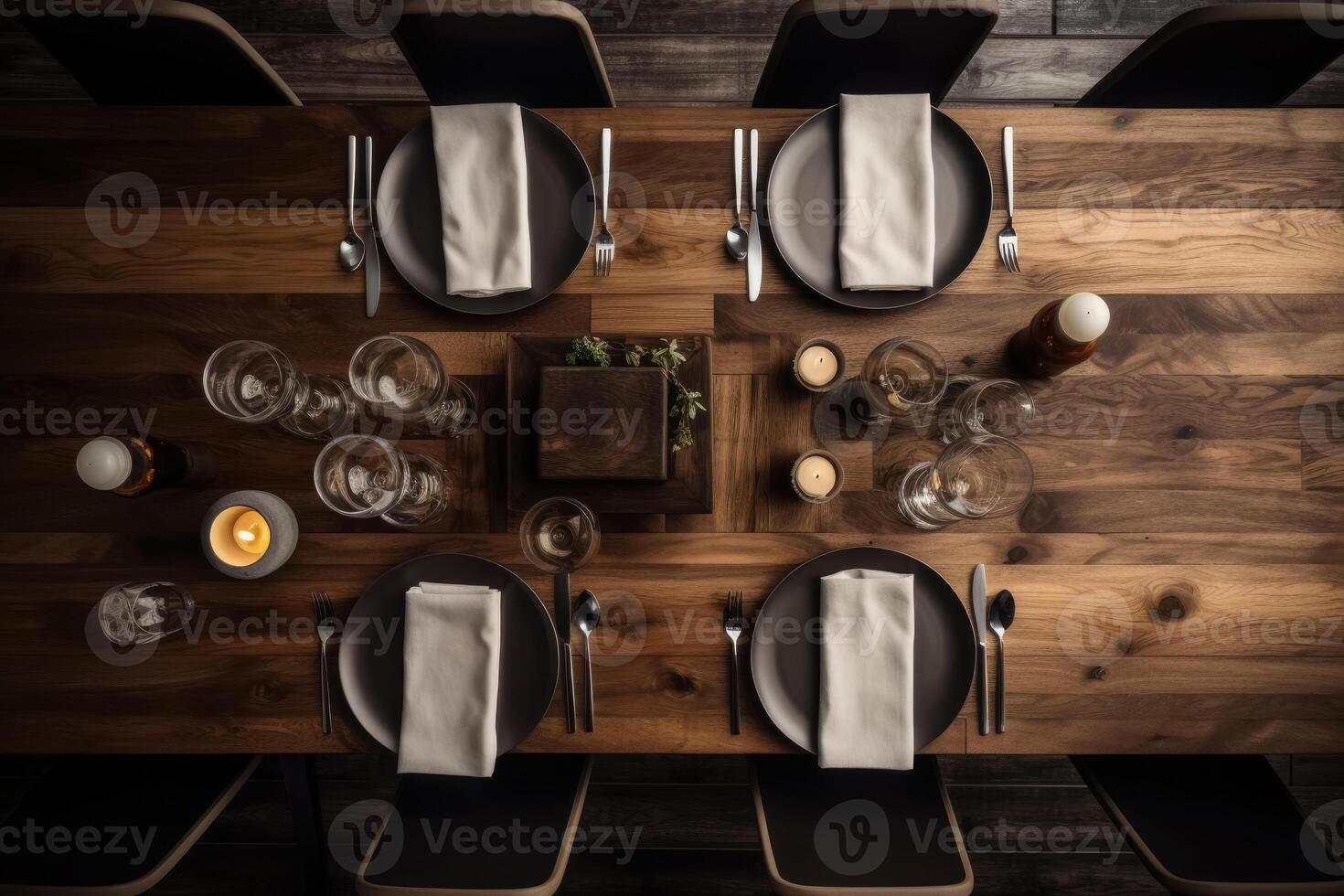 un' cena tavolo fatto di rustico quercia legna creato con generativo ai tecnologia. foto