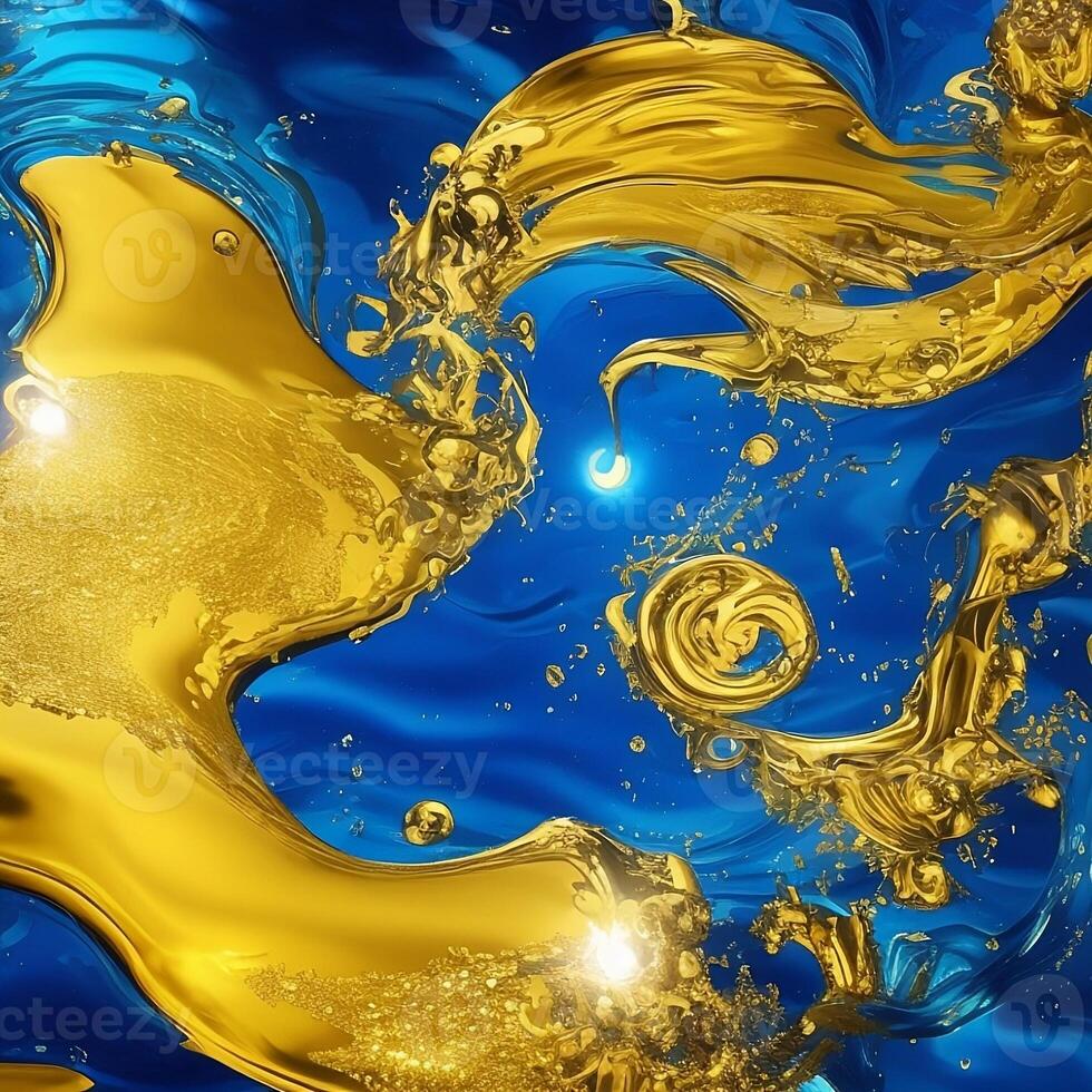 liquido d'oro onde su blu sfondo con raggiante effetto ai generato illustrazione foto