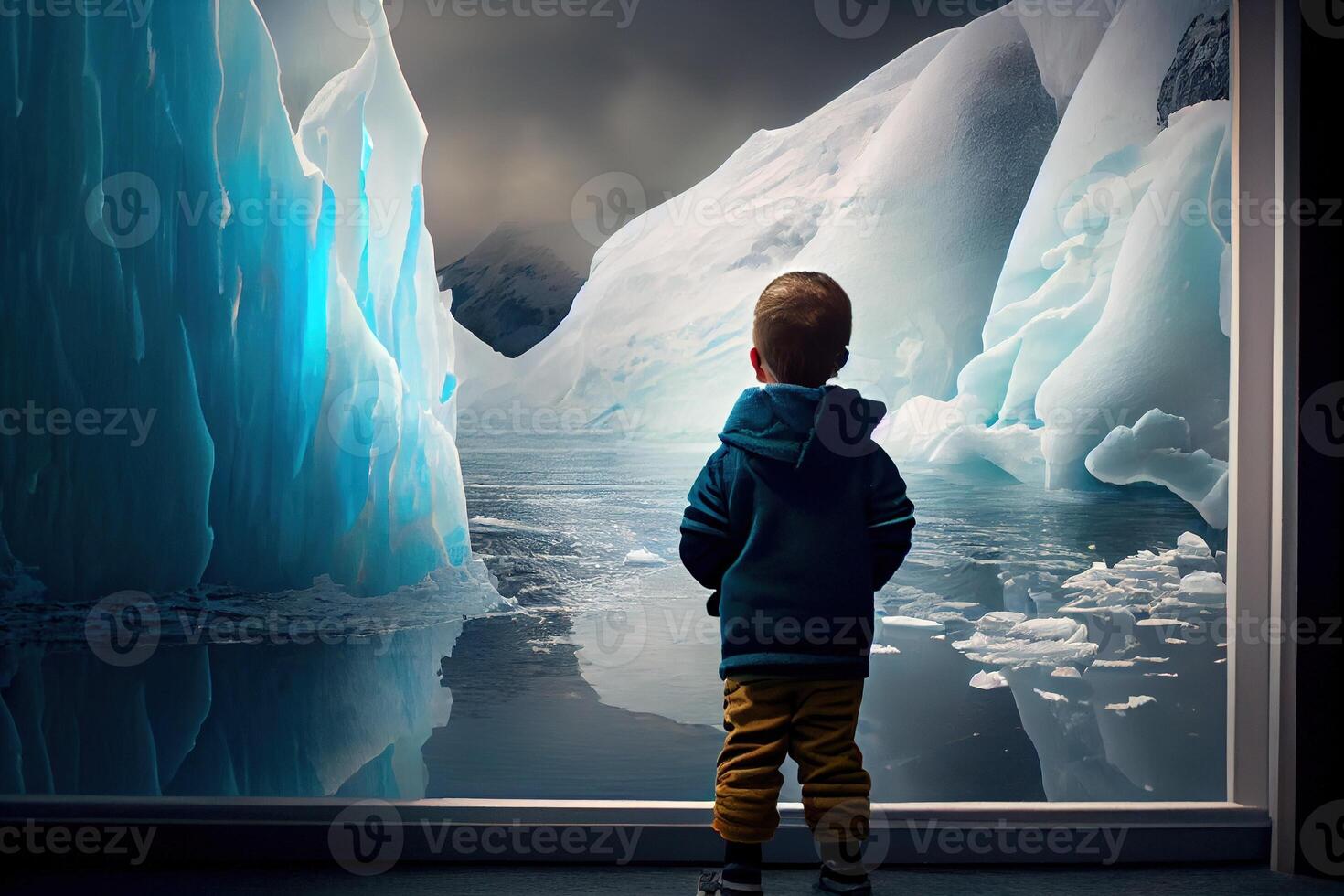 un' bambino osservando un' fusione ghiacciaio nel un' Museo mostra su globale riscaldamento. generativo ai. digitale arte illustrazione foto