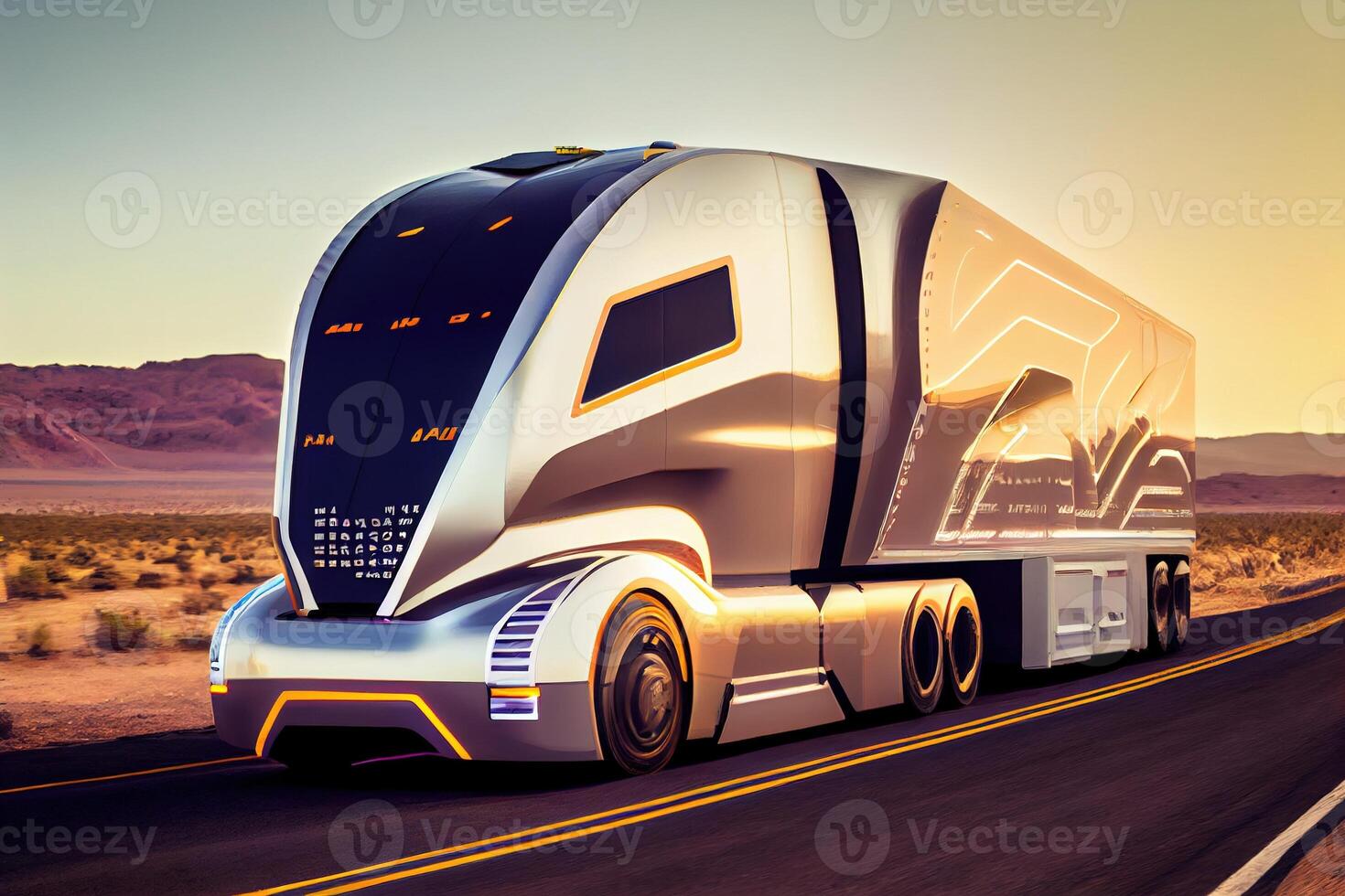 senza conducente autonomo camion su il strada. generativo ai. digitale arte illustrazione foto