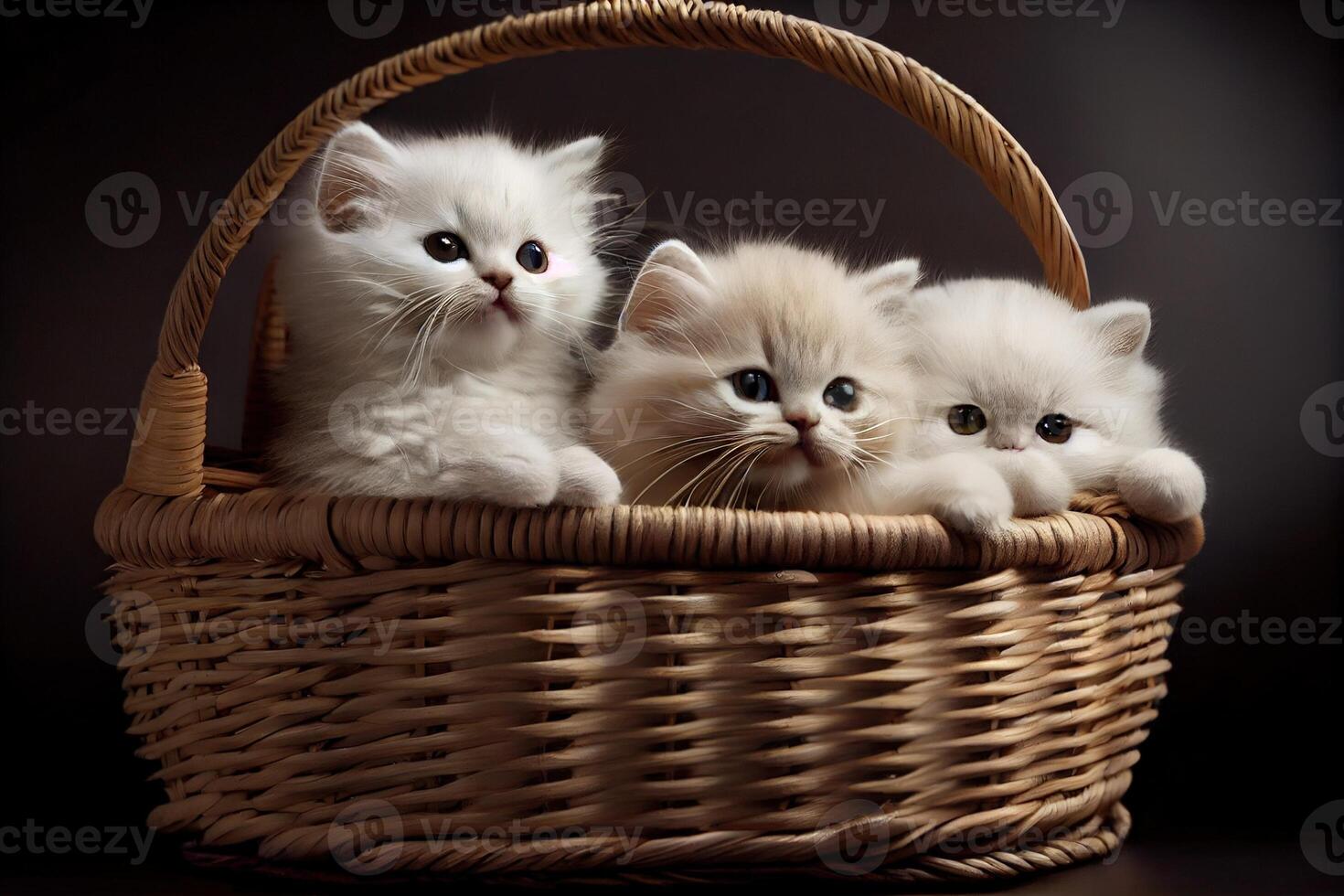 soffice bianca gattini seduta nel un' di vimini cestino. generativo ai. digitale arte illustrazione foto