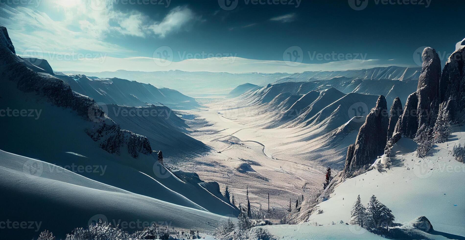 inverno panorama nevoso montagne, snow-capped picchi - ai generato Immagine foto