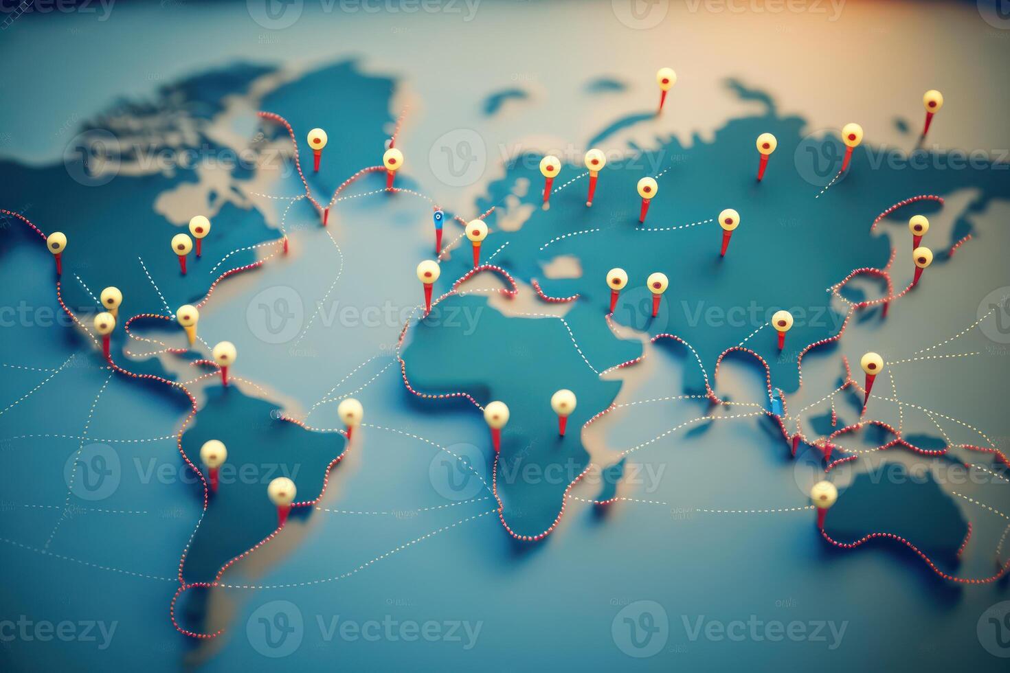 perni su un' mondo carta geografica con voli connessioni. ai generato foto