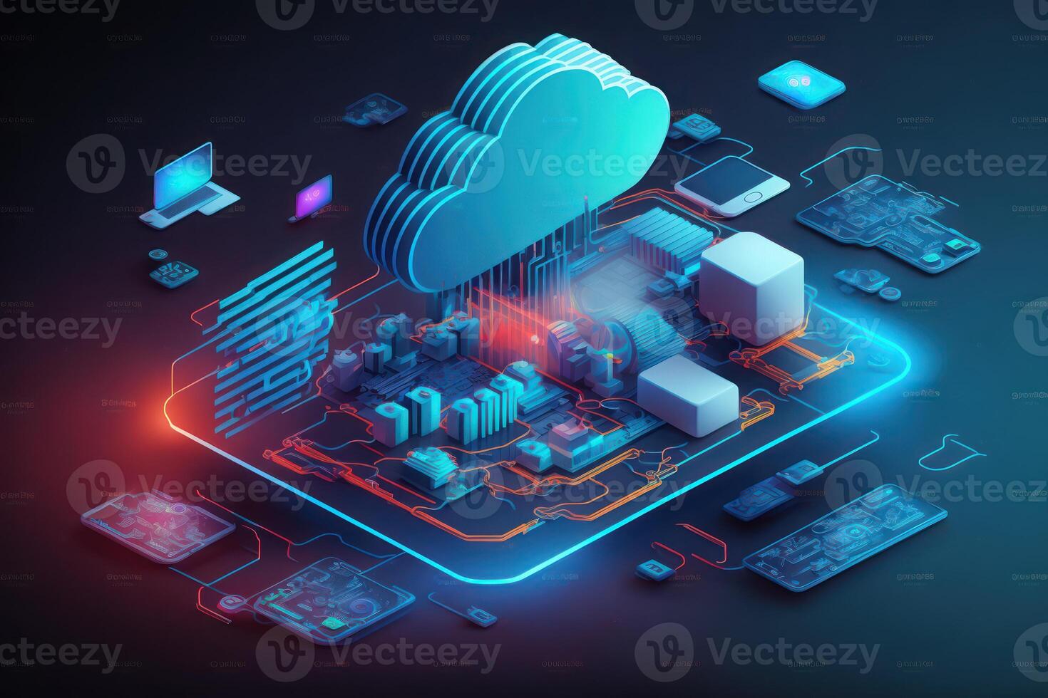 nube tecnologia. nube informatica. dispositivi collegato per digitale Conservazione nel dati centro. ai generato foto