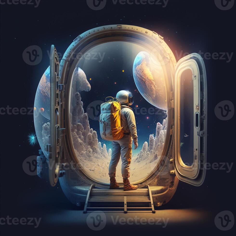 generativo ai illustrazione di interdimensionale astronauta viaggiatore con zaino e Bagaglio foto