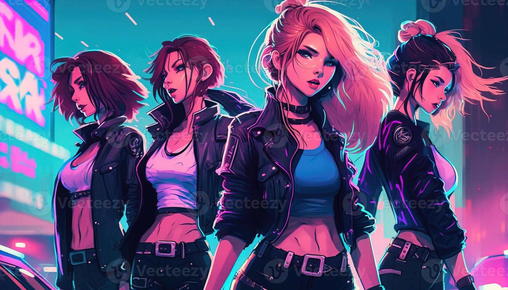 quattro giovane k-pop ballerini con neon luci in posa a il strada su il notte. ai generativo piatto colore illustrazione foto