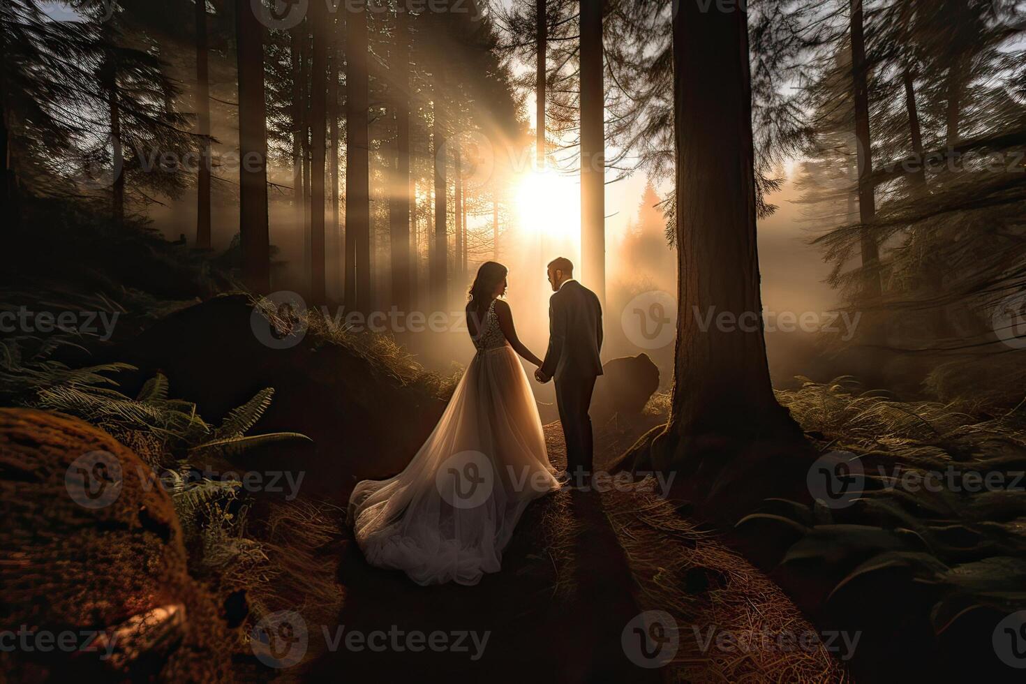 nozze silhouette coppia in posa su tramonto nel bellissimo foresta a nozze giorno. sposa e sposo nel amore. inesistente persona. generativo ai. foto