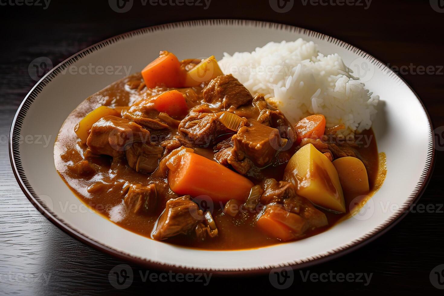 giapponese ordinario curry riso patate, carote, cipolle e Manzo nel speziato giallo curry servito con al vapore Riso. generativo ai foto