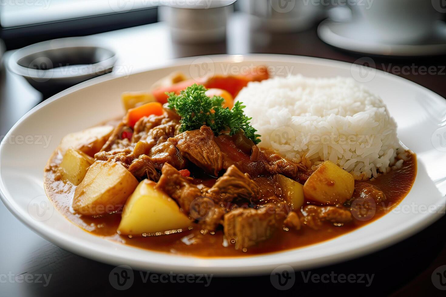 giapponese ordinario curry riso patate, carote, cipolle e Manzo nel speziato giallo curry servito con al vapore Riso. generativo ai foto