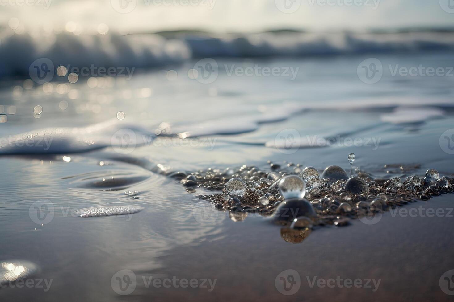 spruzzi onda su sabbioso riva con scintillante luce del sole su acqua. generativo ai. foto