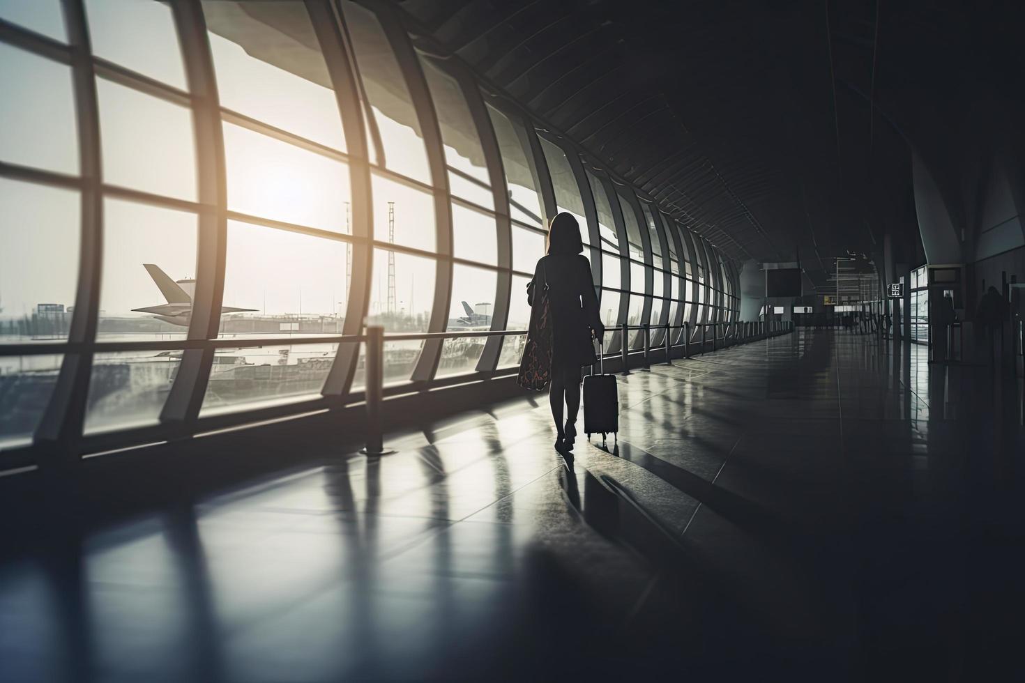 viaggio concetto, persone nel il aeroporti ,silhouette di giovane ragazza con bagaglio a piedi a aeroporto, donne mostrando qualcosa attraverso il finestra,selettivo messa a fuoco, vintage tono colore foto