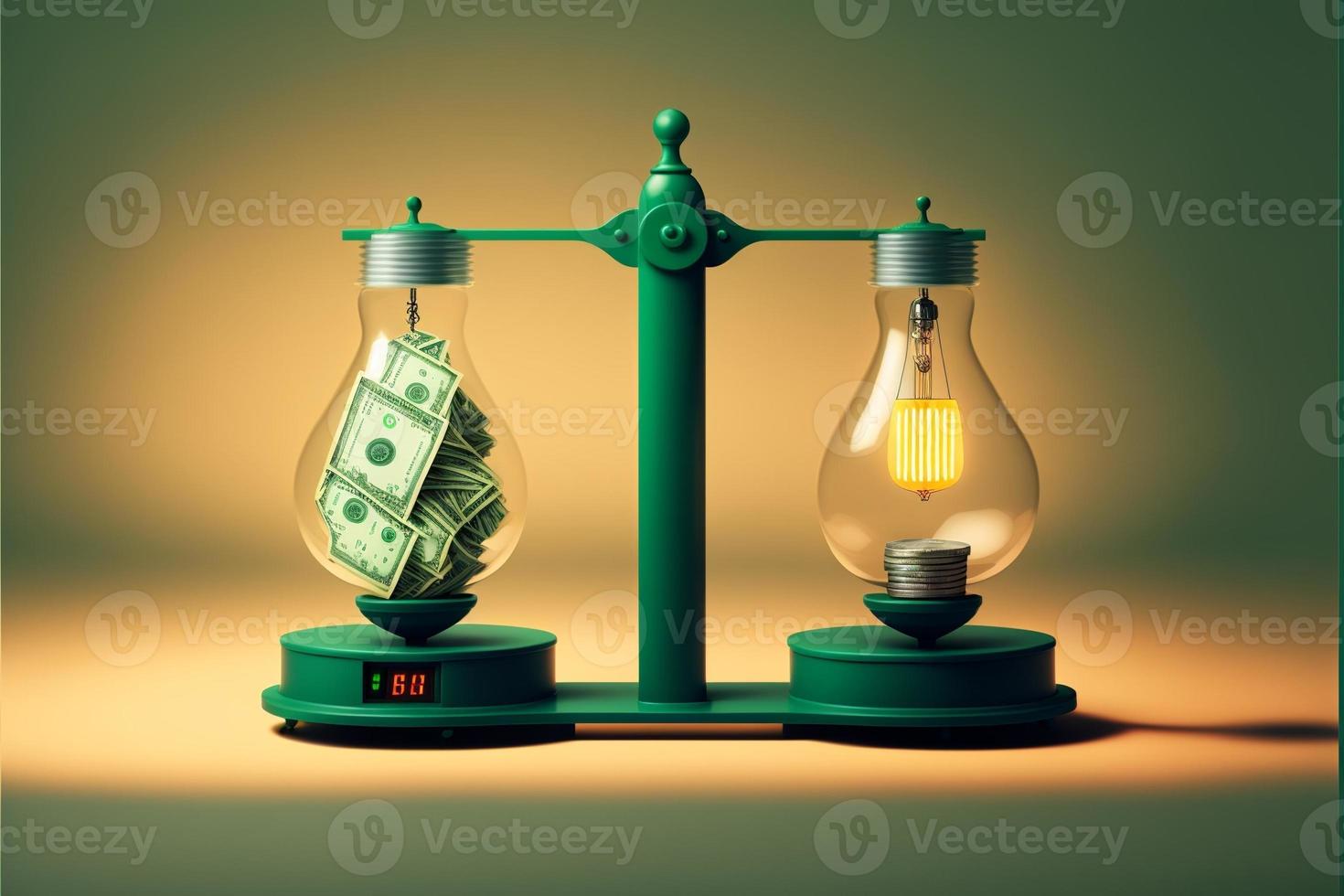 bilancia con leggero lampadina su uno lato e i soldi su il Altro, concetto di idee e innovazione, sfondo. digitale illustrazione. ai foto