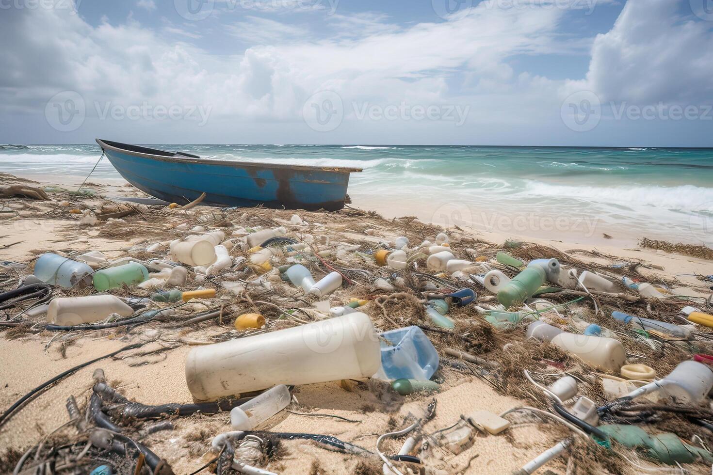 rovesciato spazzatura su il spiaggia di il grande città. vuoto Usato sporco plastica bottiglie. sporco mare sabbioso riva il nero mare. ambientale inquinamento. ecologico problema. generativo ai. foto