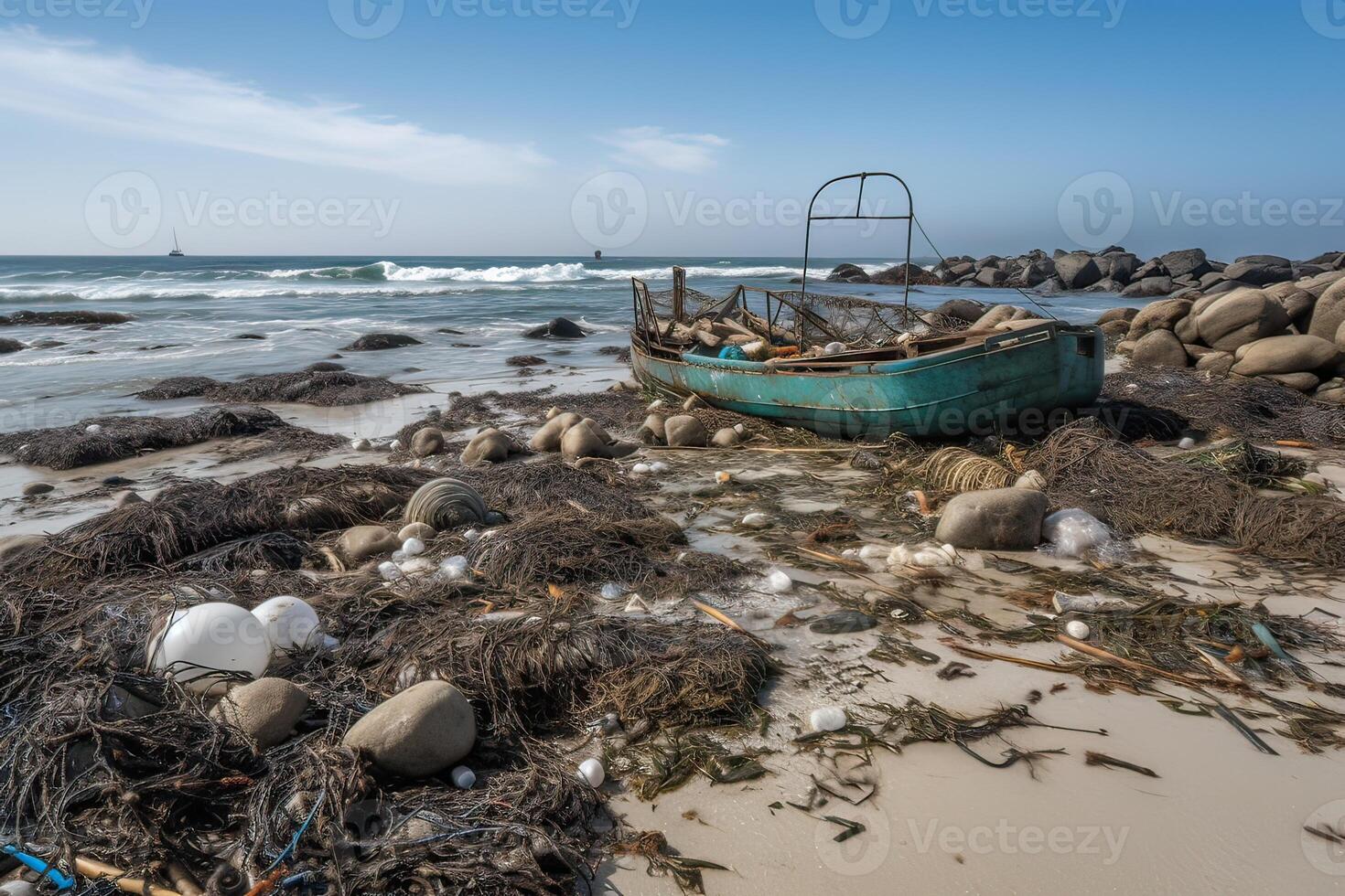 rovesciato spazzatura su il spiaggia di il grande città. vuoto Usato sporco plastica bottiglie. sporco mare sabbioso riva il nero mare. ambientale inquinamento. ecologico problema. generativo ai. foto