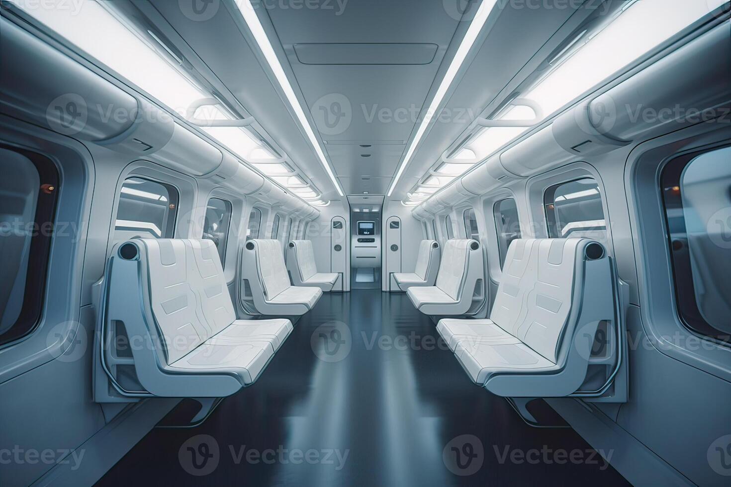 futuristico treno interno dentro Visualizza. futuristico treno interno con vuoto sedili. generativo ai. foto