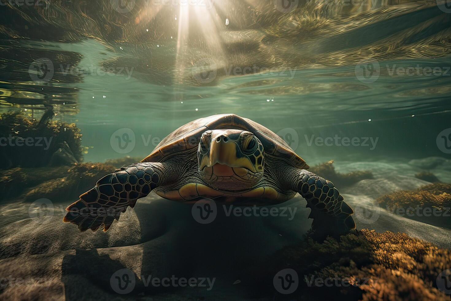 bellissimo subacqueo cartolina. Maldive mare tartaruga galleggiante su e al di sopra di corallo scogliera. caretta nel selvaggio natura habitat. generativo ai. foto