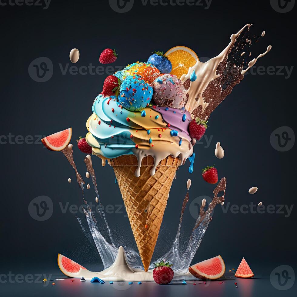 ghiaccio crema cono. frutta ghiaccio crema con caramello. generativo ai. foto