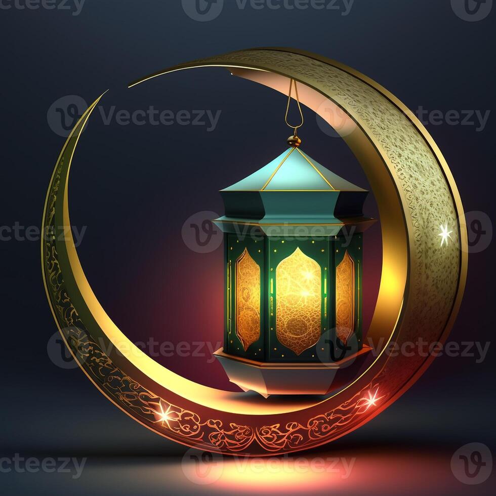 islamico Ramadan vacanza bandiera con raggiante lanterna Luna e moschea finestra portale generativo ai foto