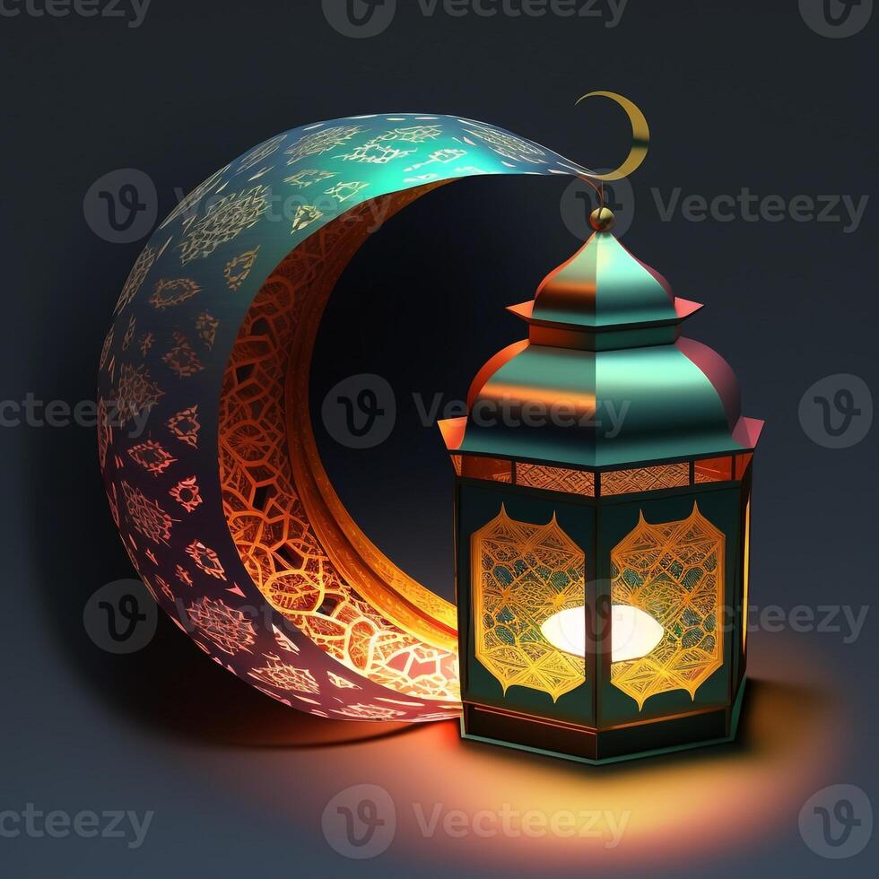 islamico Ramadan vacanza bandiera con raggiante lanterna Luna e moschea finestra portale generativo ai foto