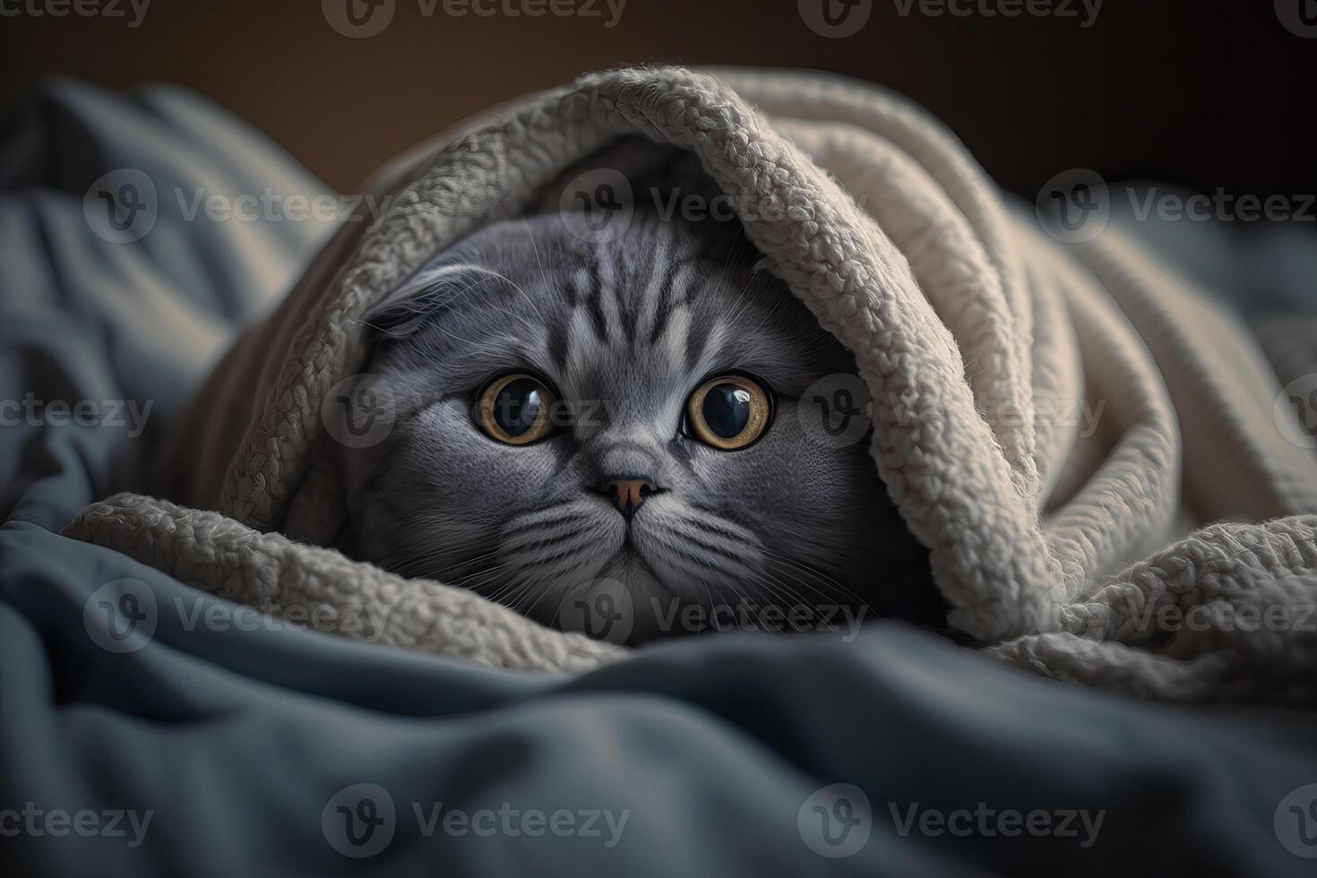 gattino sotto un' lenzuolo. il gatto è riposo caldo sotto il plaid. generativo ai. foto