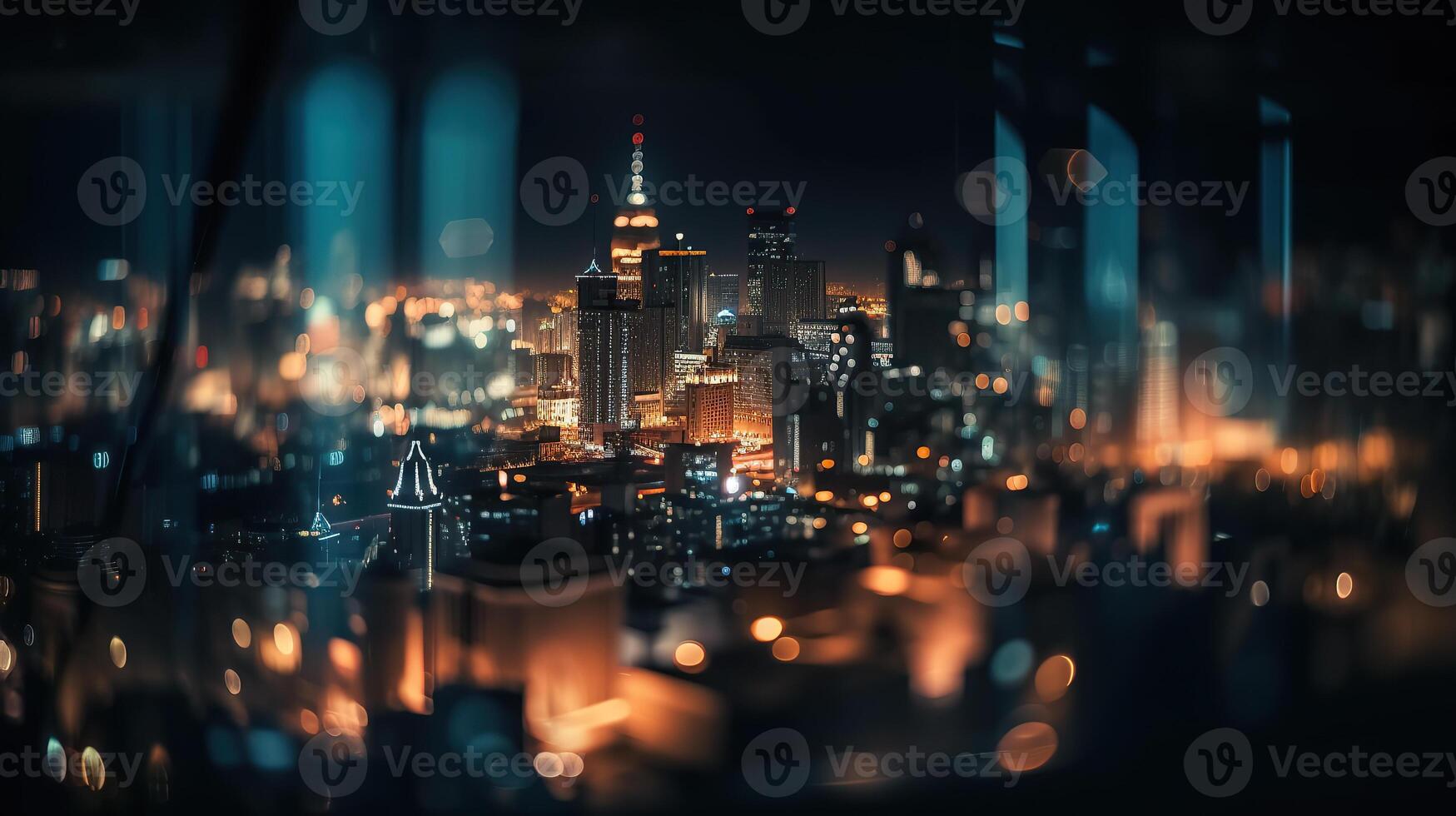 sfocato luci nel città. il bokeh leggero a partire dal edificio e notte città. paesaggio urbano. generativo ai. foto