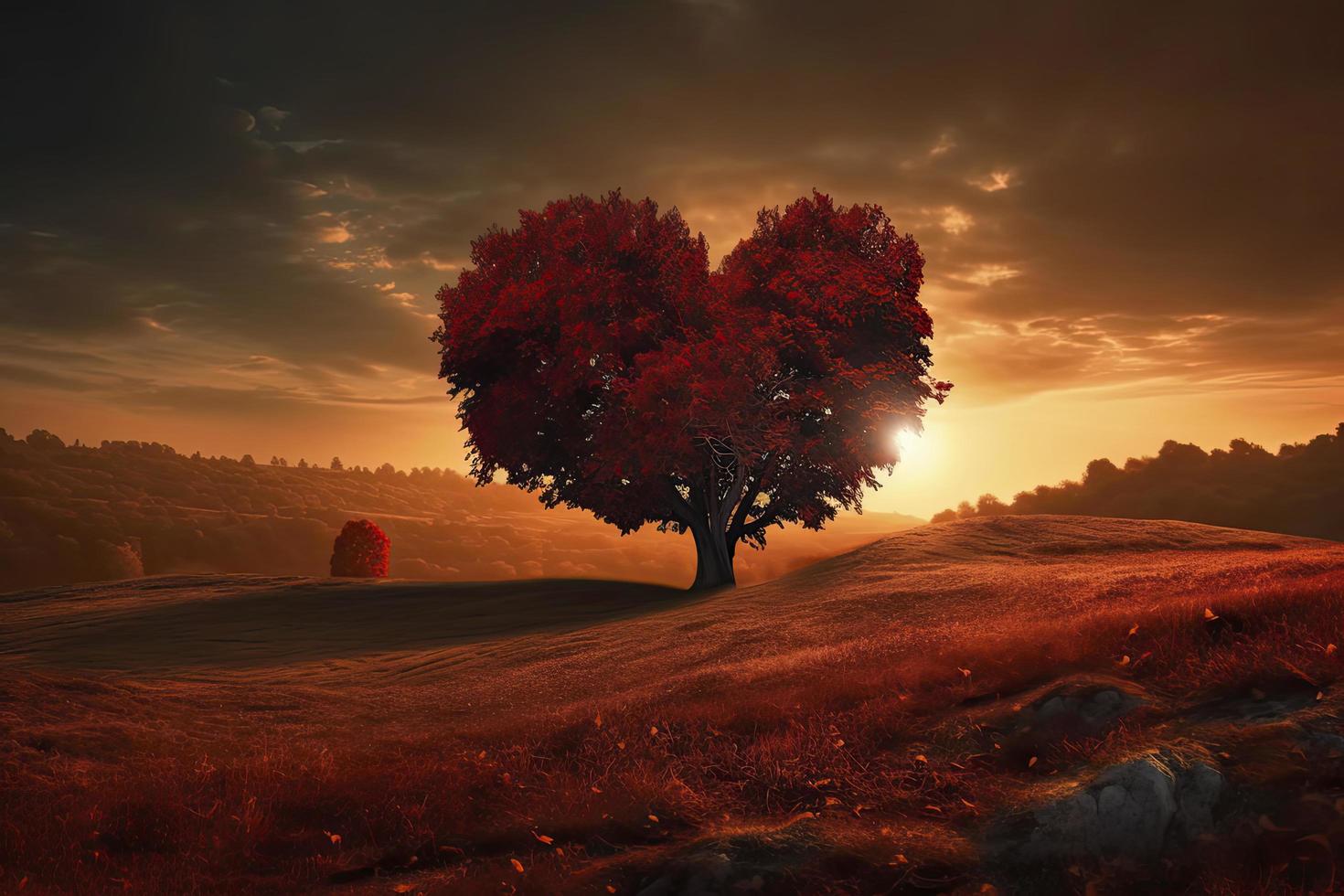 cuore albero amore per natura rosso paesaggio a tramonto foto