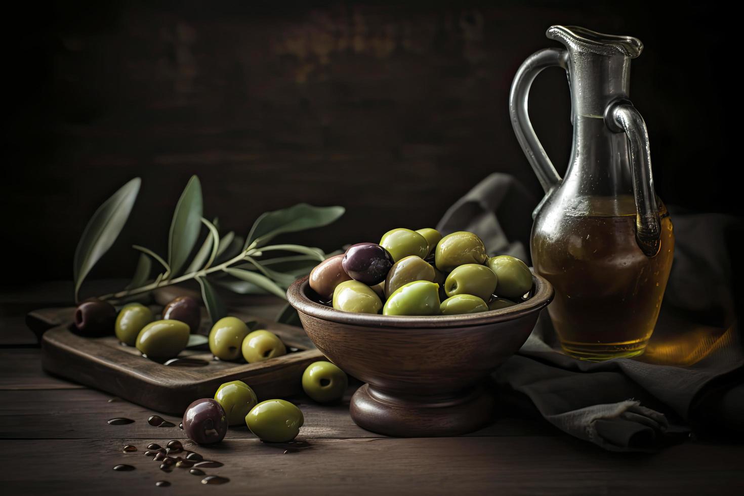 oliva olio con fresco olive su rustico legna vicino su foto