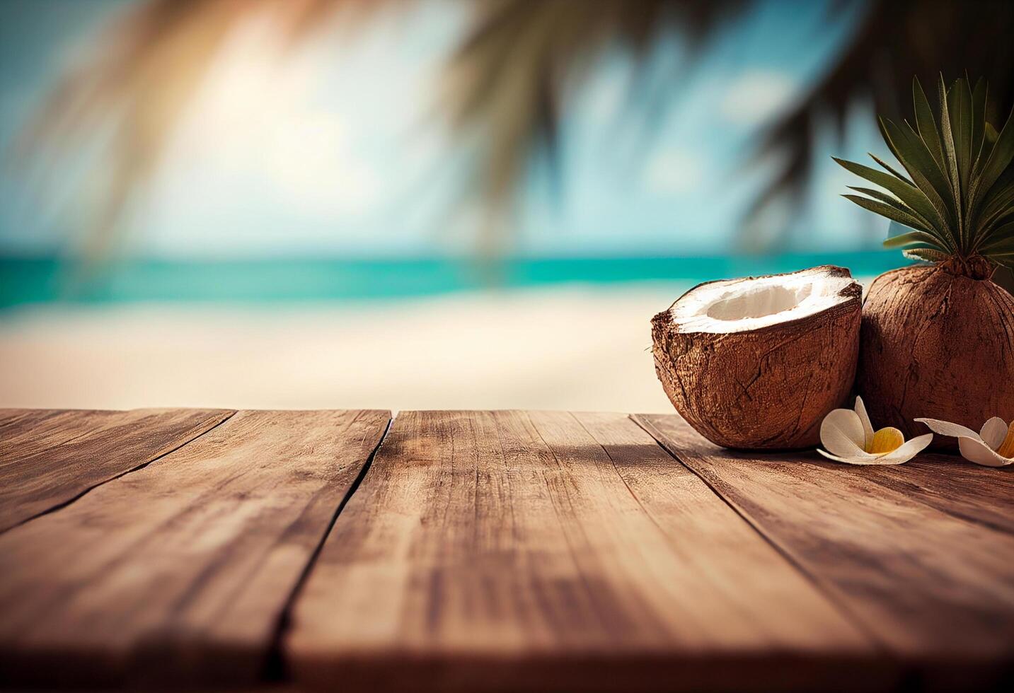 di legno tavolo con Noce di cocco su tropicale spiaggia sfondo. estate vacanza concetto generativo ai foto