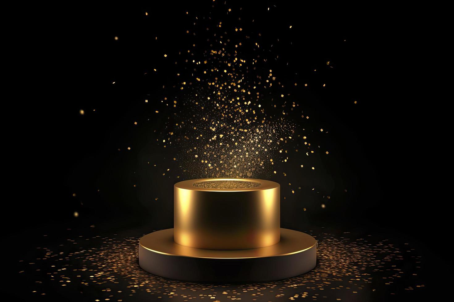 d'oro podio con un' riflettore su un' buio sfondo, caduta d'oro coriandoli, primo posto, fama e popolarità foto