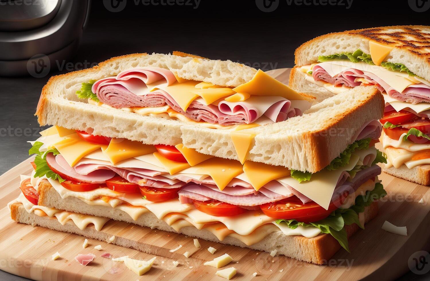 panini su un' taglio tavola con prosciutto formaggio e pomodoro ai generato foto