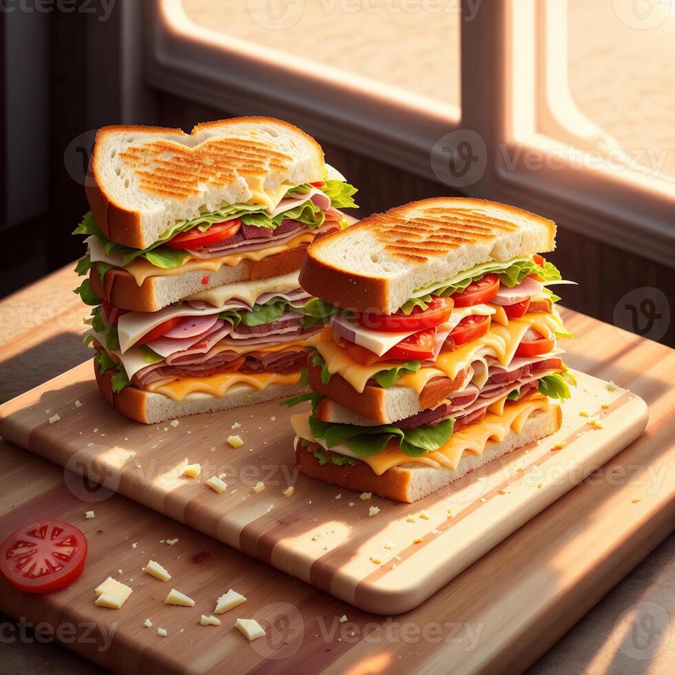 panini su un' taglio tavola con prosciutto formaggio e pomodoro ai generato foto