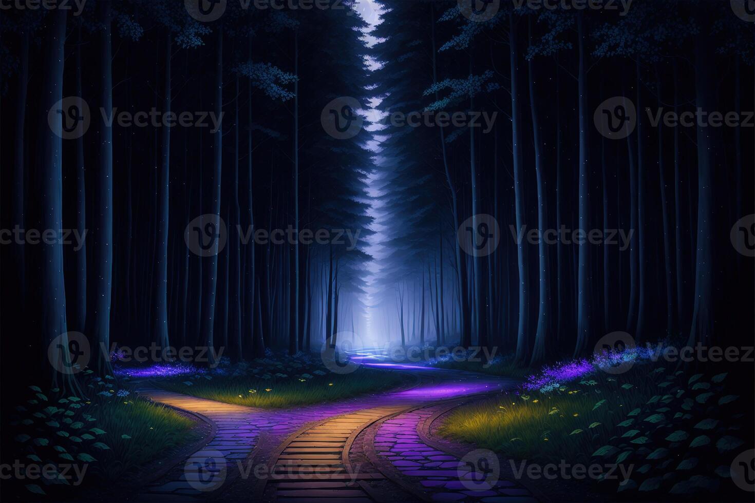 un' sentiero principale in un' foresta a notte fantasia mistico ai generato foto