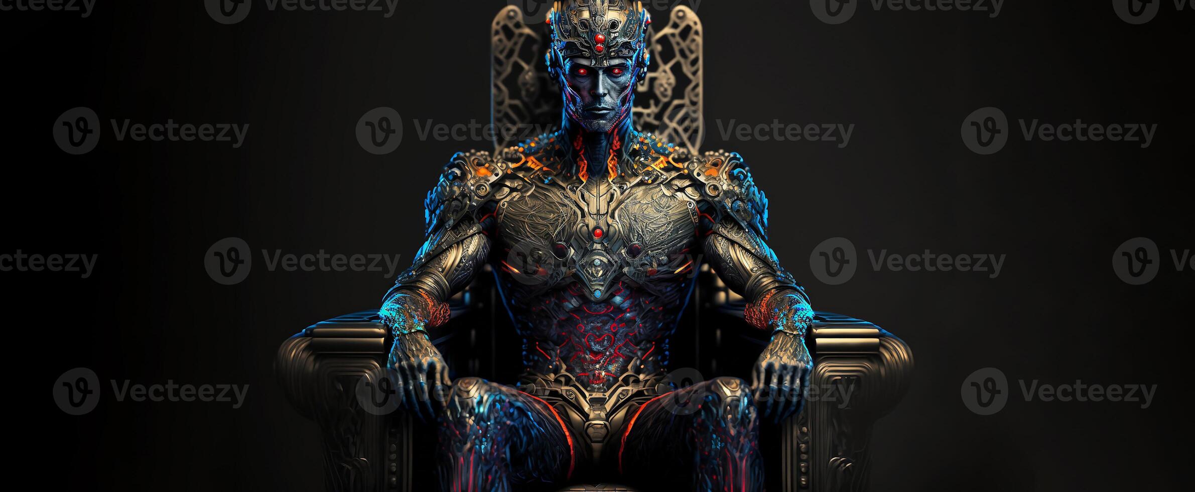 il re di cyborg artificiale intelligenza con trono e corona. potente di re. robotica sintetico futuristico fantascienza. generativo ai. foto