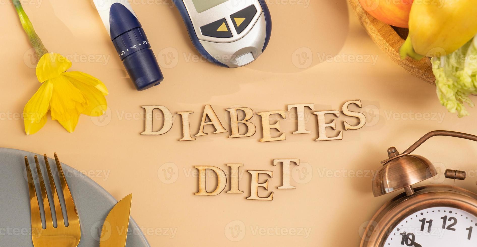 diabete dieta testo con piatto e posate, glucosio metro su beige sfondo piatto posizione, superiore Visualizza. striscione. foto