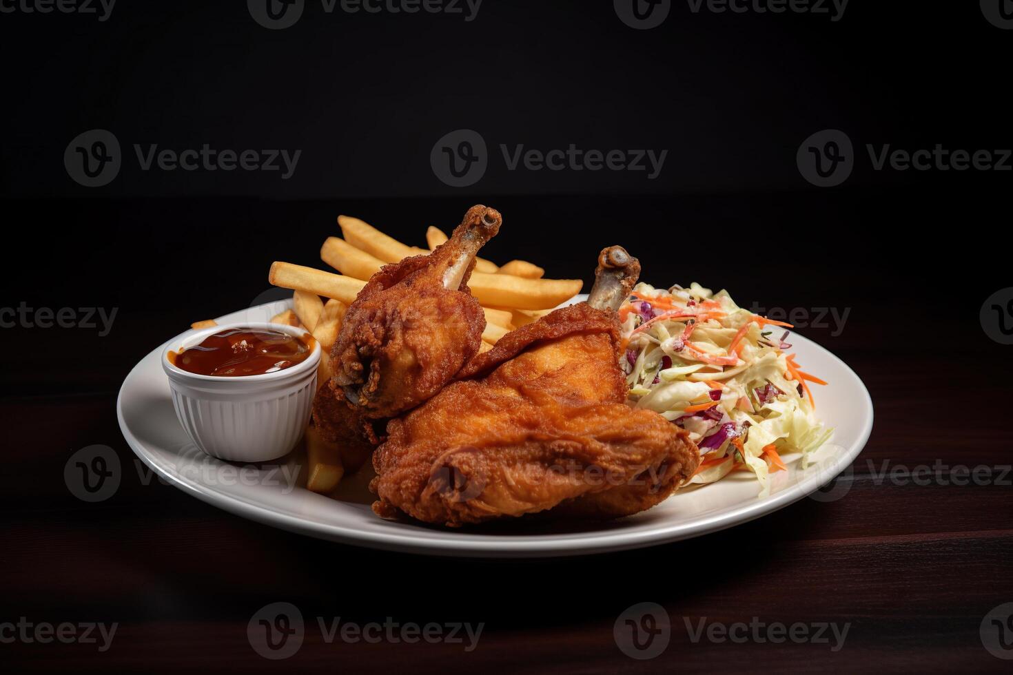 un' piatto di d'oro Marrone fritte pollo, servito con croccante francese patatine fritte generato ai foto