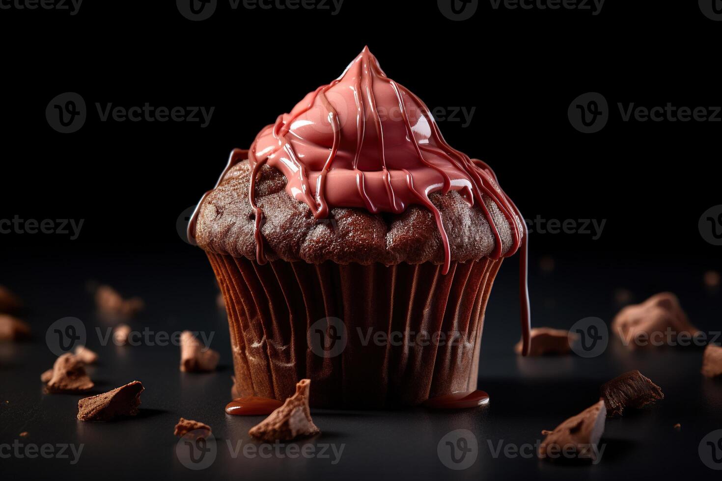 un' molto dettagliato foto di delizioso cioccolato Cupcake cosparso con crema contro un' buio sfondo ai generato