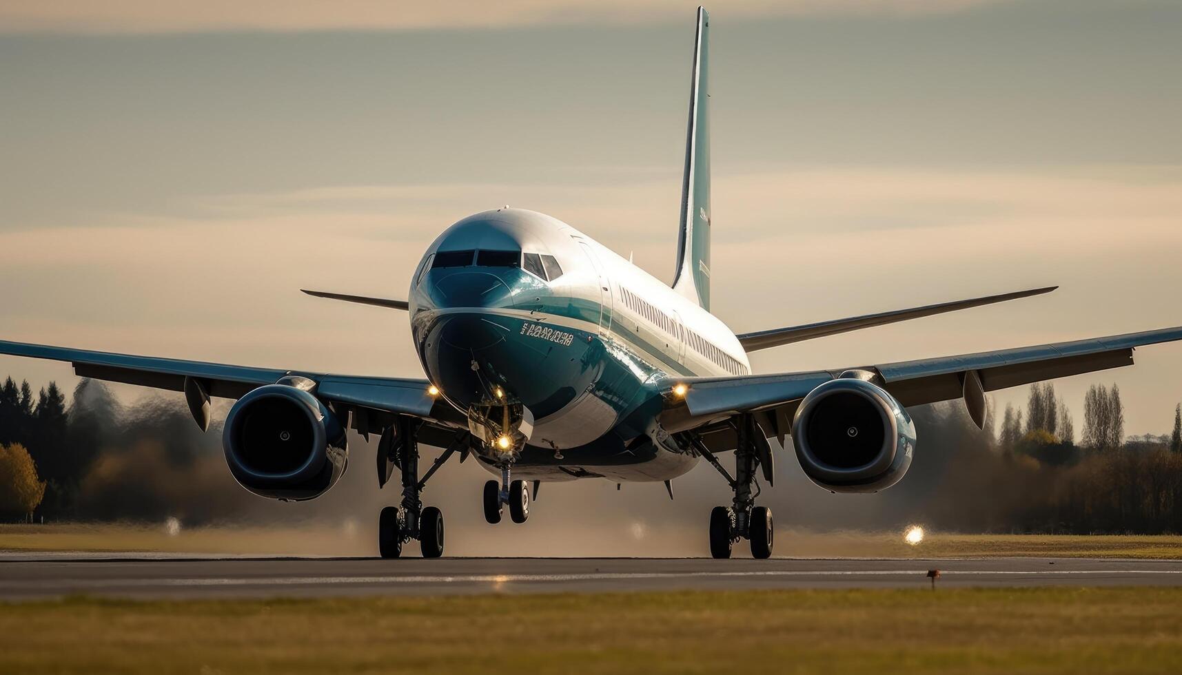 avvicinamento tiro di il aereo atterraggio su il pista di decollo. generativo ai foto