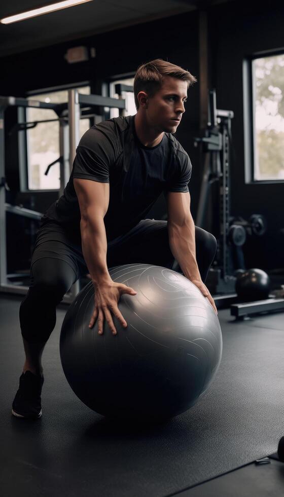 foto di maschio atleta Lavorando su su pilates sfera. generativo ai