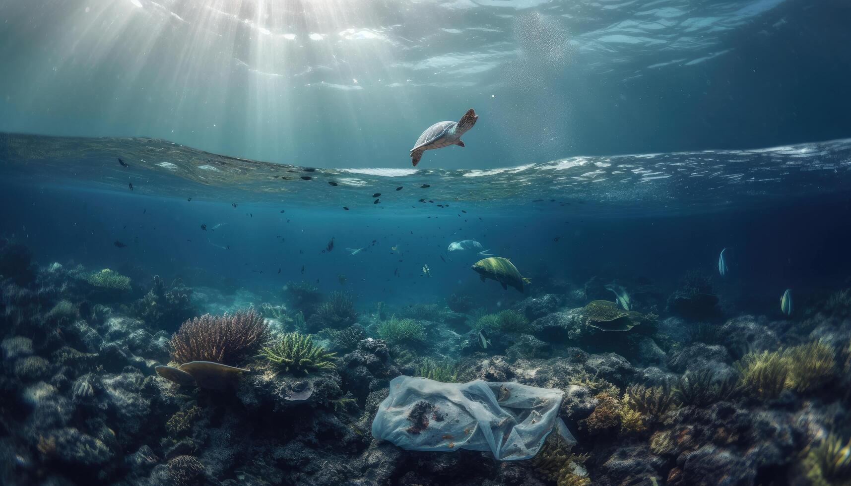 sotto il oceano, un' foto con spazzatura, caretta caretta e pesce. ambientale inquinamento concetto. generativo ai