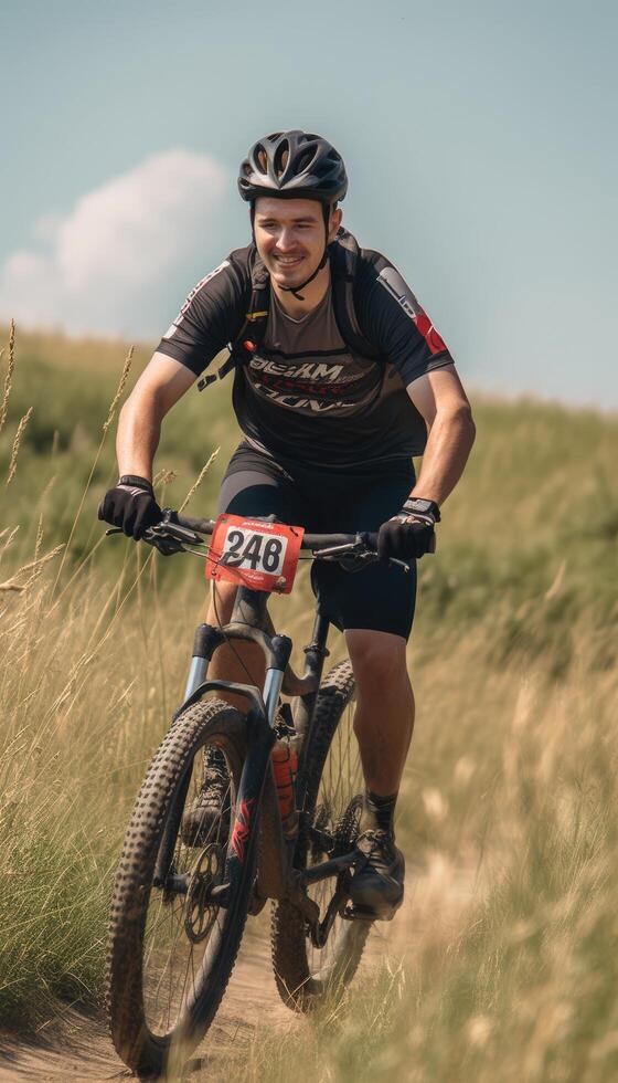 un' foto di il atleta equitazione un' bicicletta. generativo ai