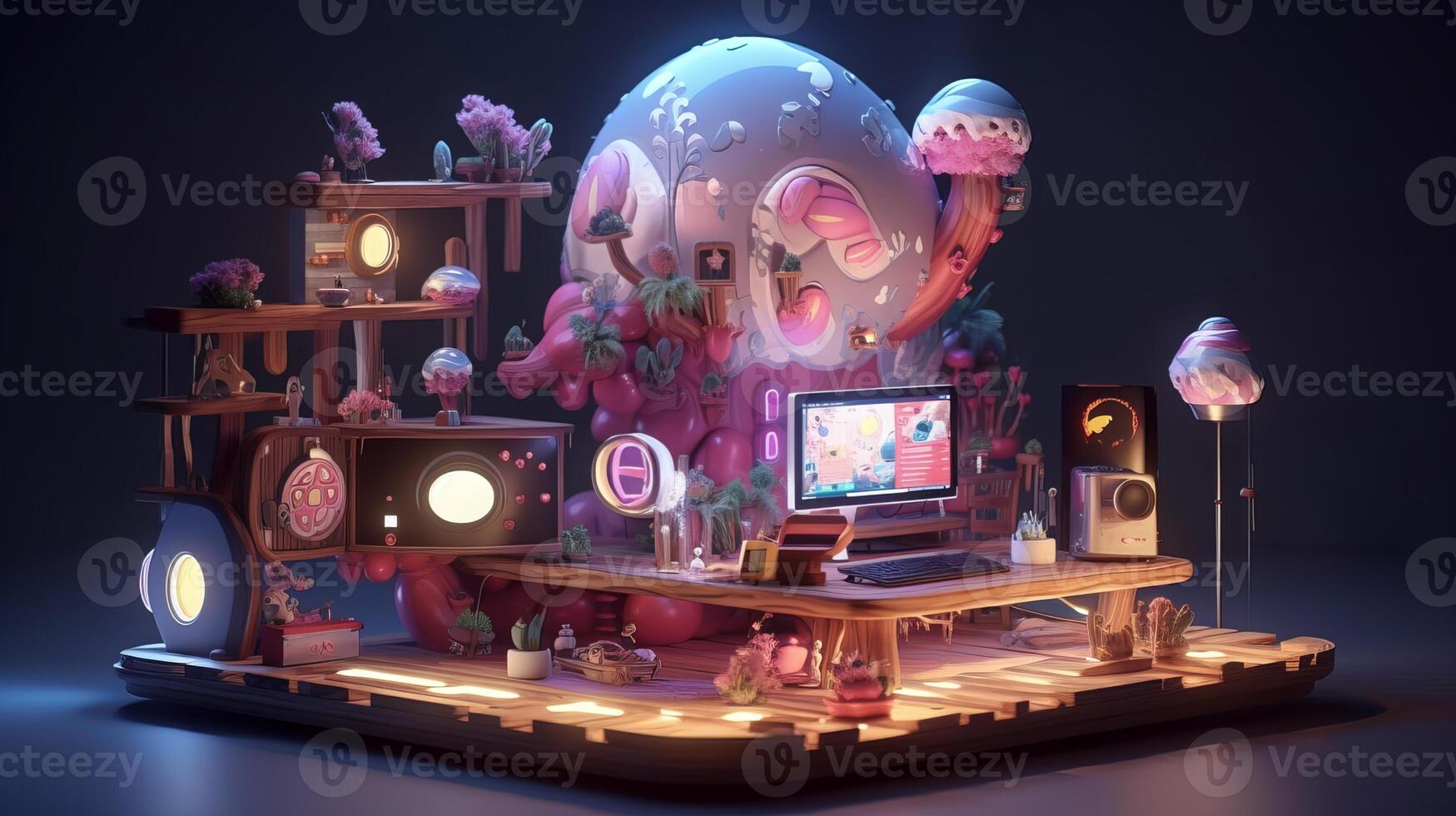 3d gioco stazione con colorato luce, cartone animato - generativo ai foto