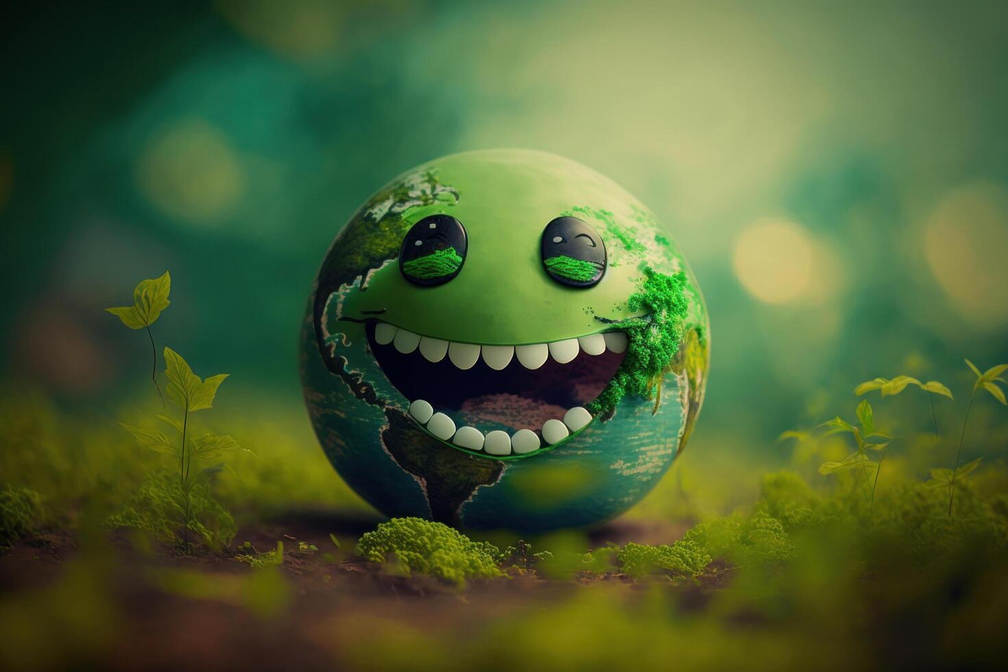 gioioso terra personaggio ridendo su verde sfondo, contento terra giorno, mondo risata giorno. generativo ai foto
