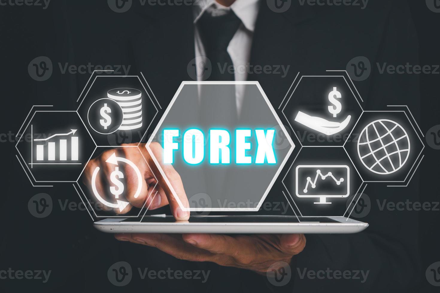 forex commercio, persona utilizzando tavoletta con forex icona su vr schermo su scrivania, in linea investimento. attività commerciale, Internet e tecnologia concetto. foto