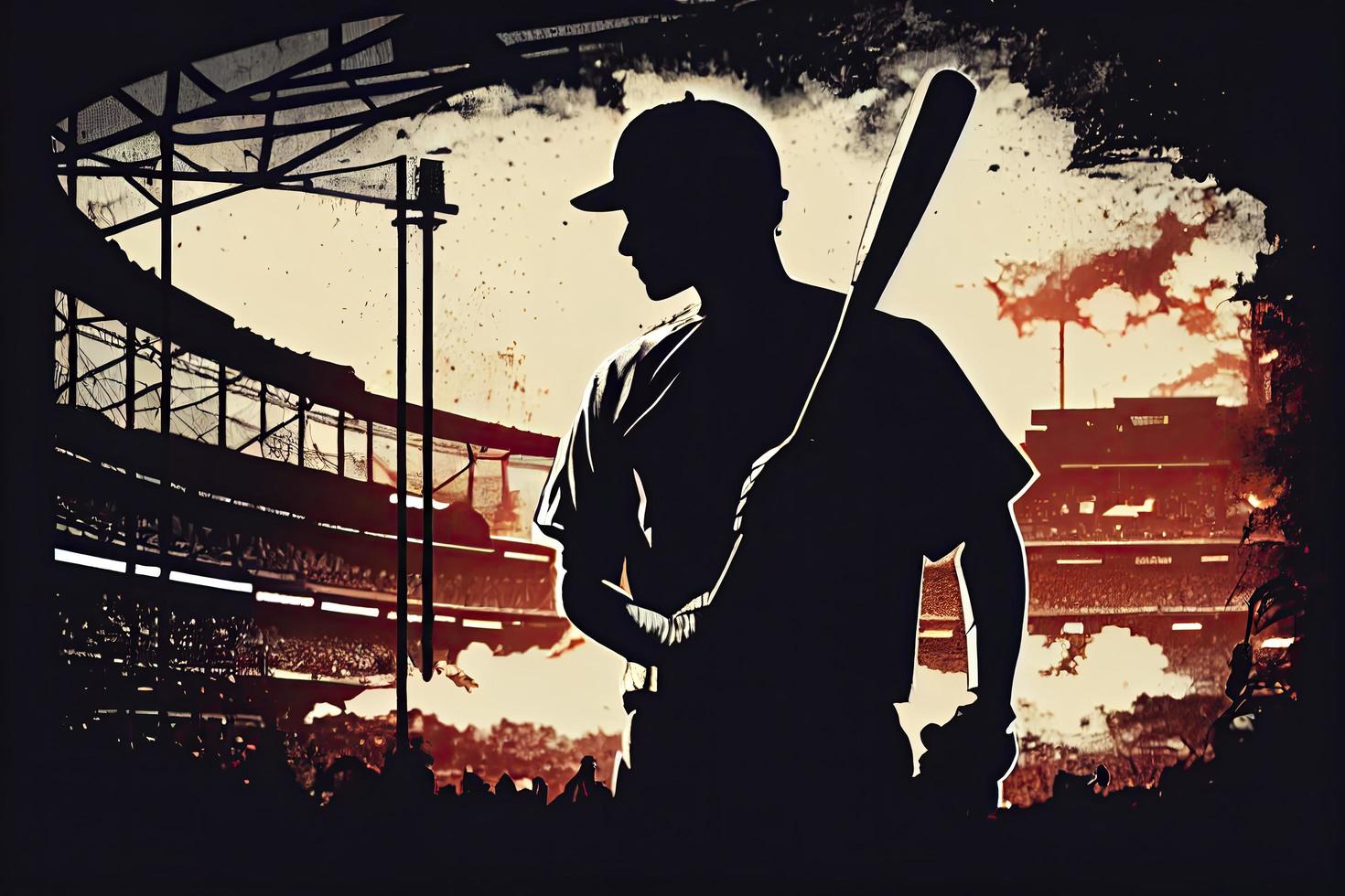 silhouette, il Immagine di un' baseball giocatore con un' pipistrello su il sfondo di il stadio foto