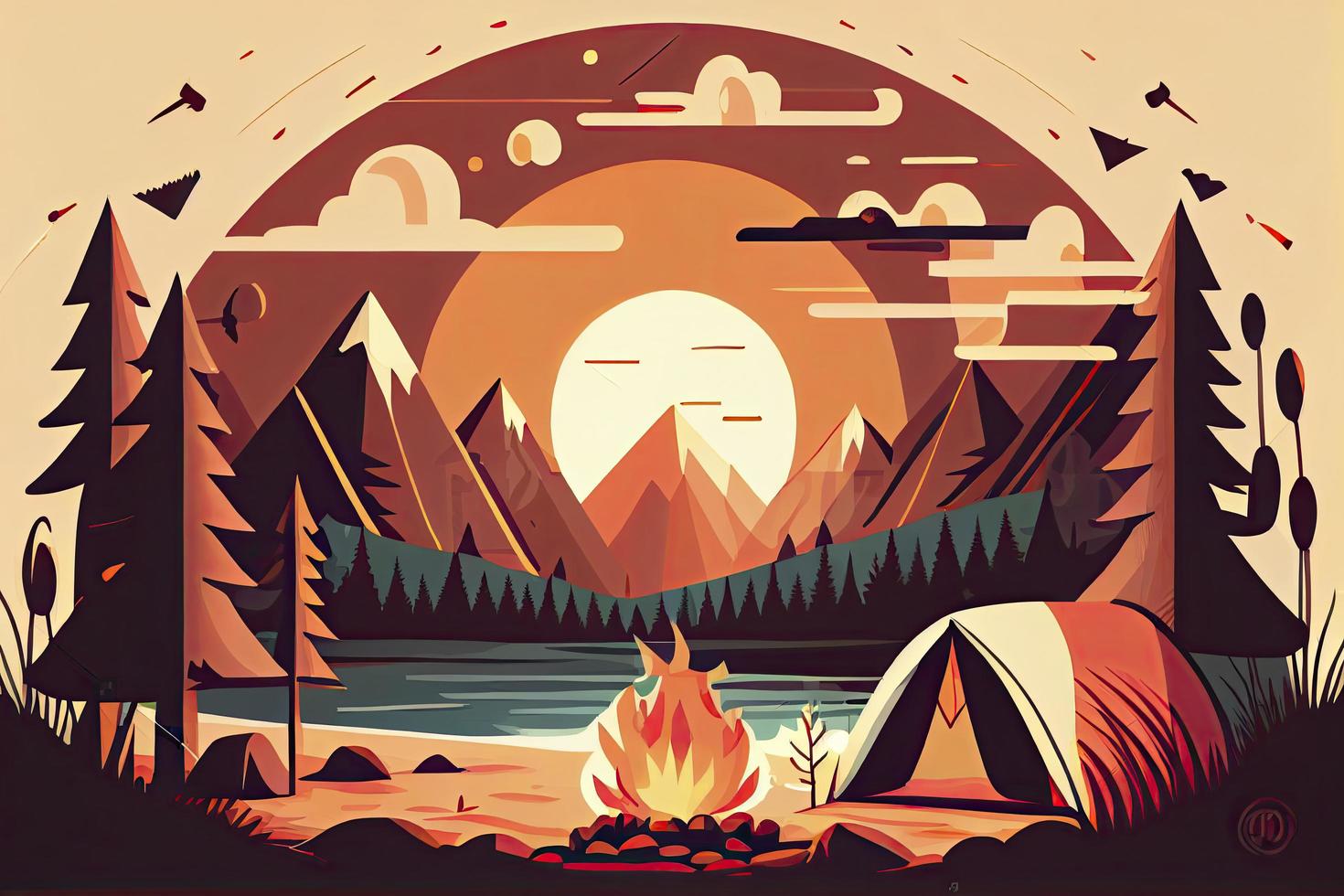 soleggiato giorno paesaggio illustrazione nel piatto stile con tenda, fuoco da campo, montagne, foresta e acqua. sfondo per estate campo, natura turismo, campeggio o escursioni a piedi design concetto foto